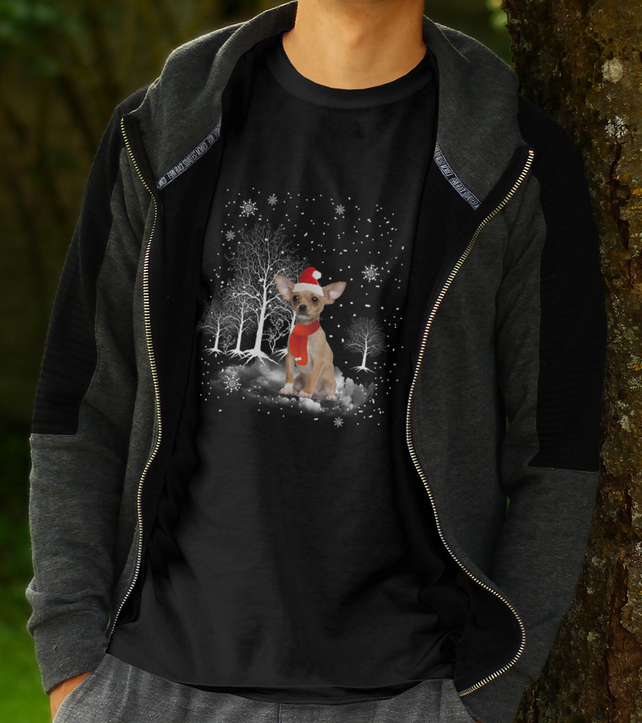 Chihuahua In Santa Hat With Snowflakes And Trees In Winter Wonderland T-Shirt
