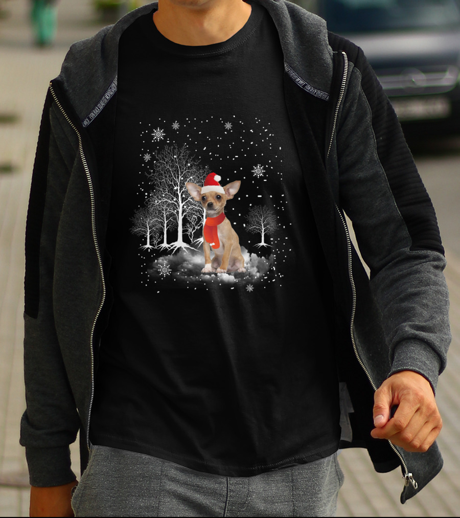 Chihuahua In Santa Hat With Snowflakes And Trees In Winter Wonderland T-Shirt