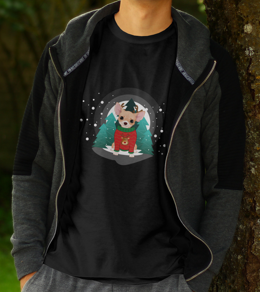 Chihuahua Terrier Wearing Christmas Sweater Snowflake Forest Scene T-Shirt