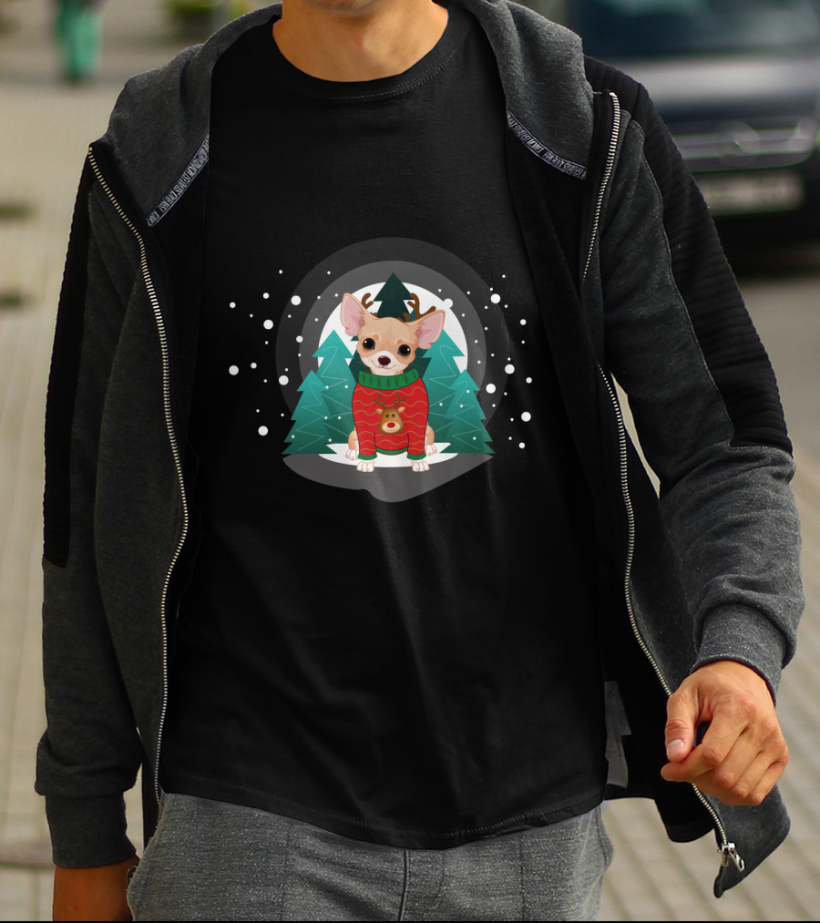 Chihuahua Terrier Wearing Christmas Sweater Snowflake Forest Scene T-Shirt