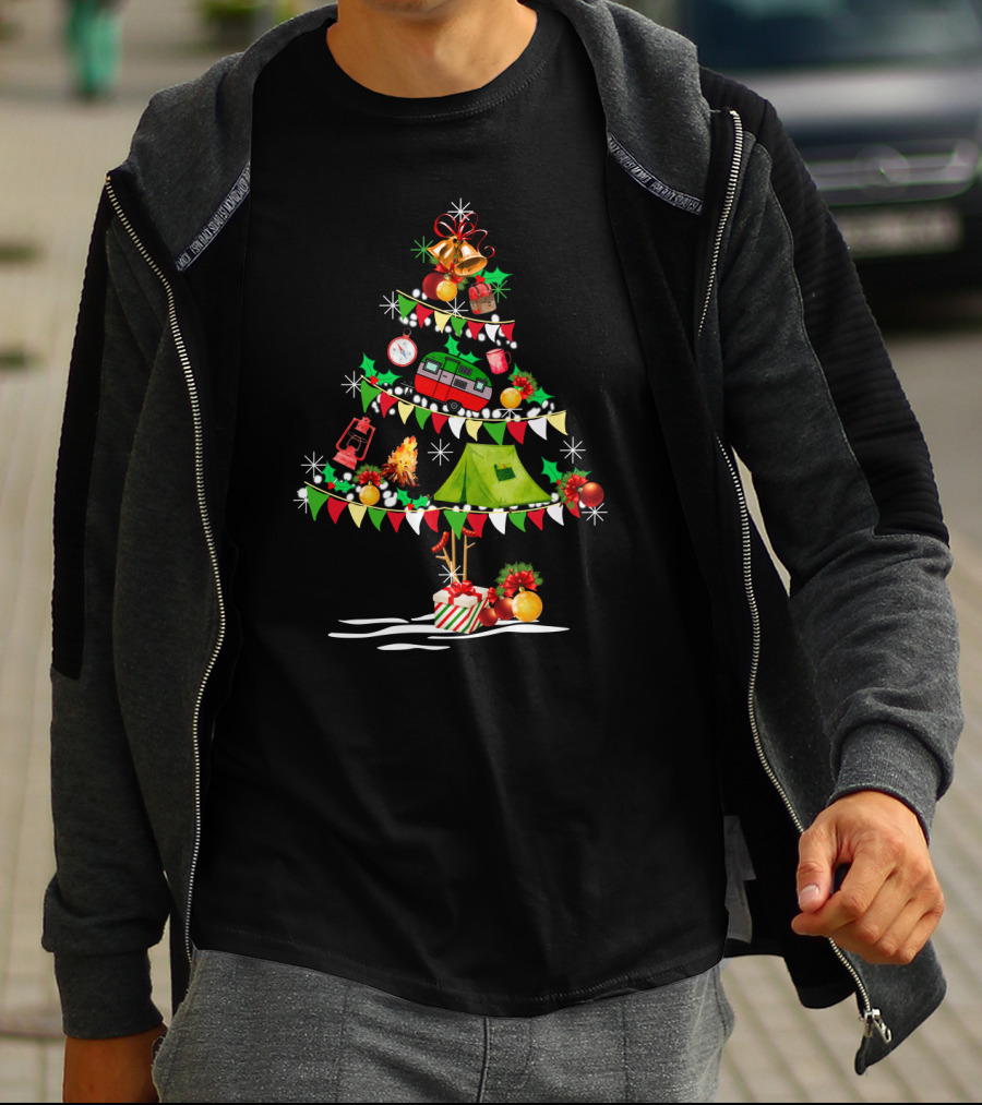 Christmas Tree Decorated With Camper Van, Tent, Bells, Ornaments, Lantern, Pinecones, Wrapped Gifts, And Campfire T-Shirt