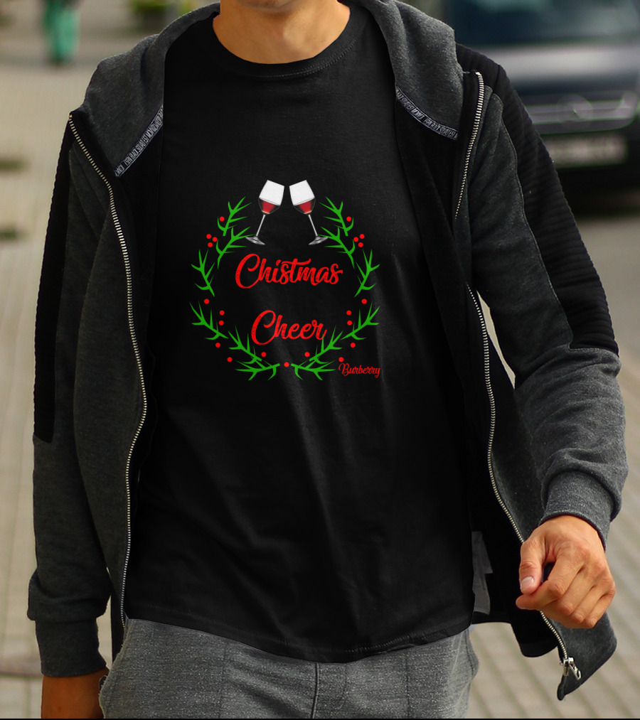 Christmas Cheer Wine Toast Wreath Bubbory T-Shirt