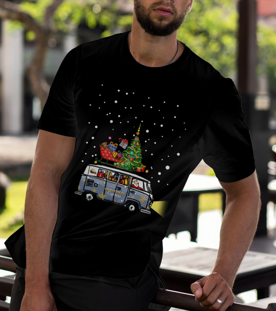 Christmas Express Van With Christmas Tree And Santa In Snowy Scene T-Shirt