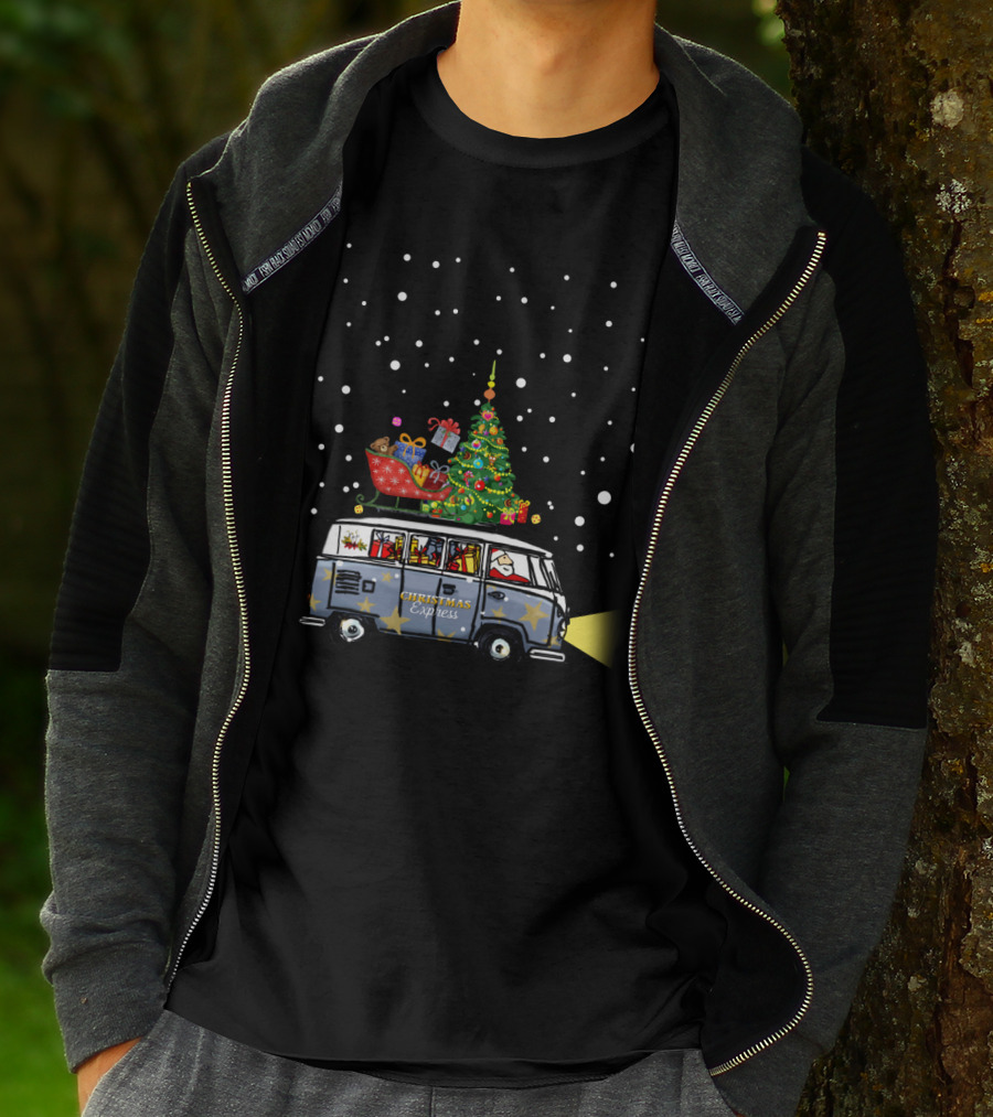 Christmas Express Van With Christmas Tree And Santa In Snowy Scene T-Shirt