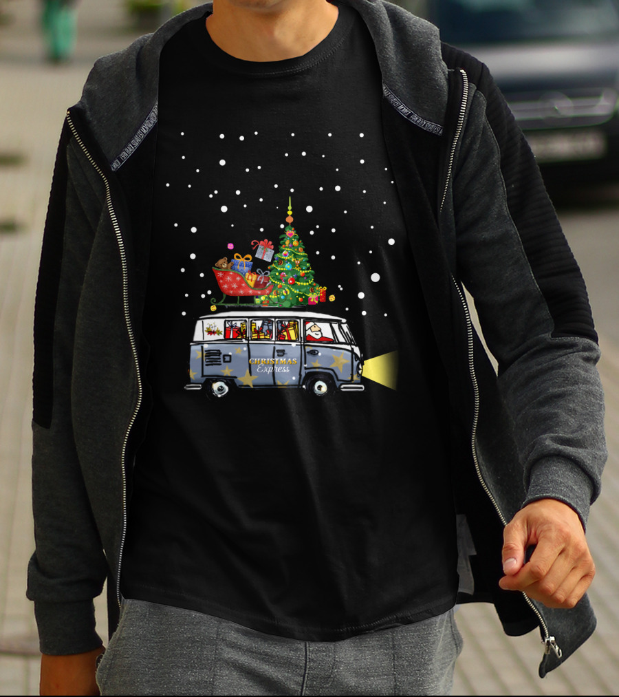Christmas Express Van With Christmas Tree And Santa In Snowy Scene T-Shirt