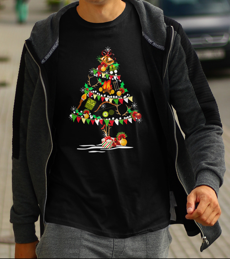 Holiday Deer Christmas Tree With Hunting Gear Ornaments And Festive Decorations T-Shirt