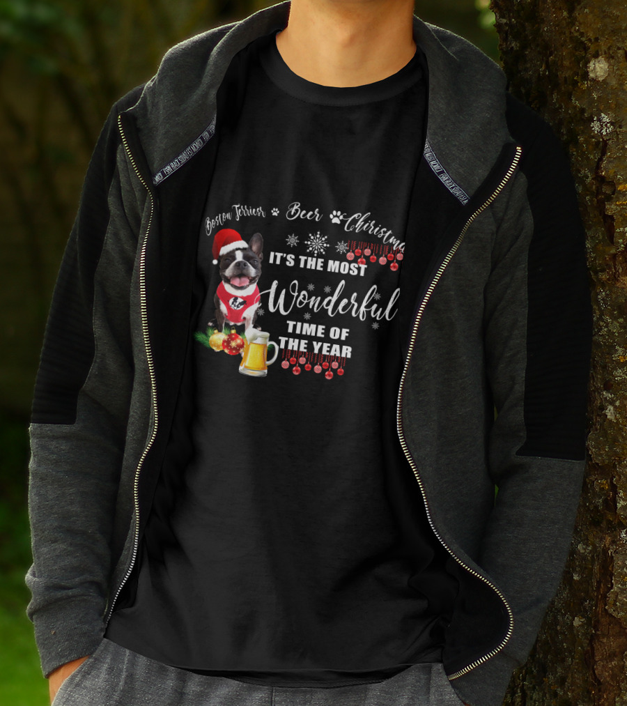 Boston Terrier Christmas Beer It's The Most Wonderful Time Of The Year T-Shirt