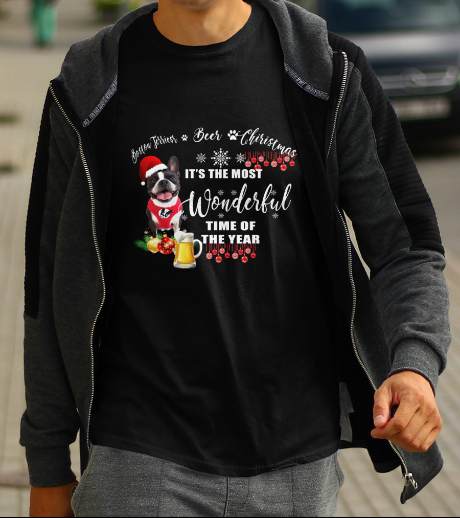 Boston Terrier Christmas Beer It's The Most Wonderful Time Of The Year T-Shirt