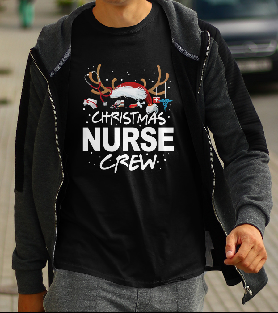 Christmas Nurse Crew With Santa Hat, Stethoscope, And Medical Icons T-Shirt