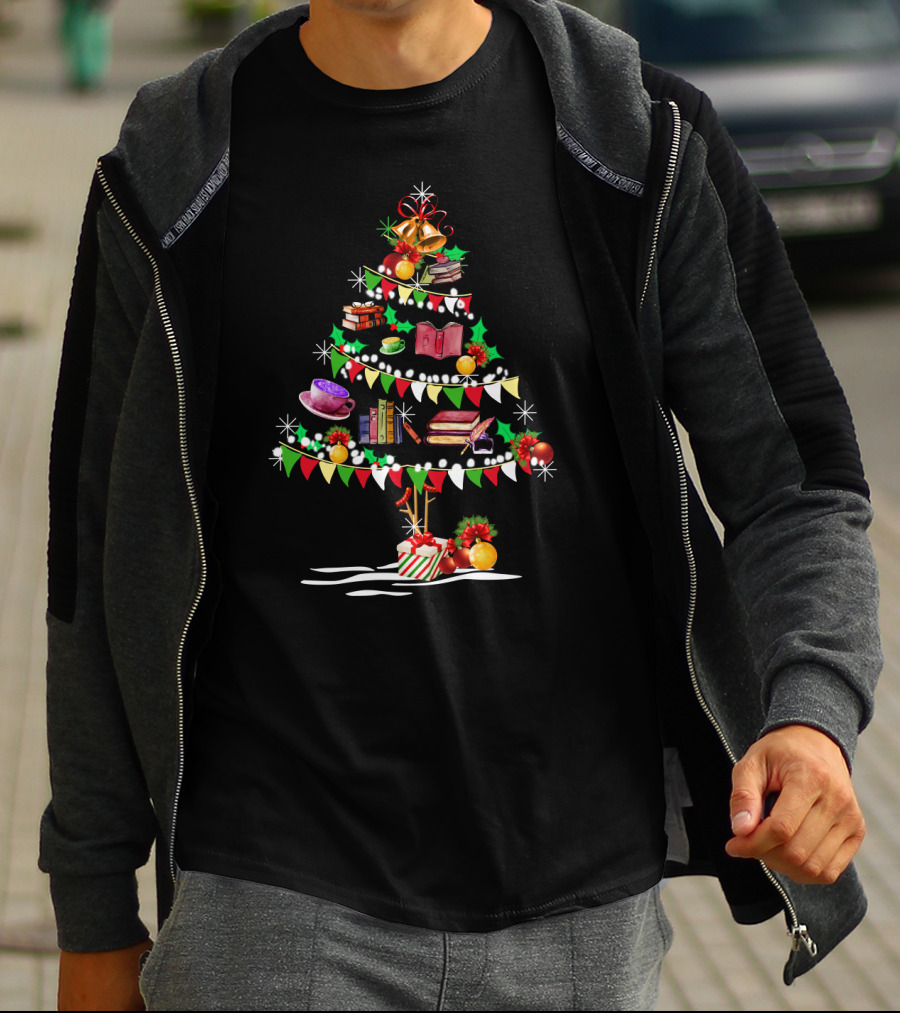 Christmas Tree Made Of Books And Holiday Decorations T-Shirt