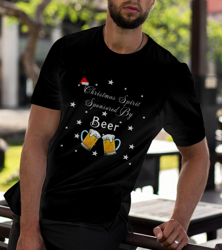 Christmas Spirit Sponsored By Beer With Santa Hat And Star Motif Featuring Beer Mugs T-Shirt