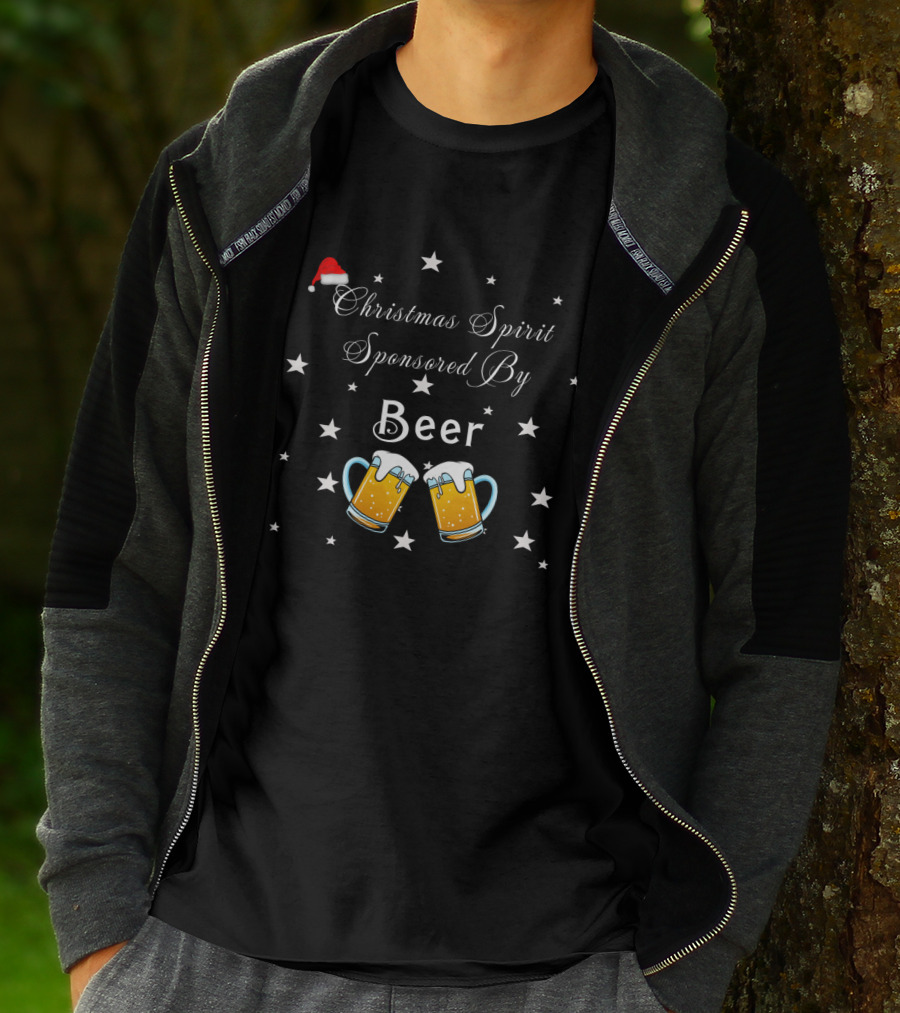 Christmas Spirit Sponsored By Beer With Santa Hat And Star Motif Featuring Beer Mugs T-Shirt