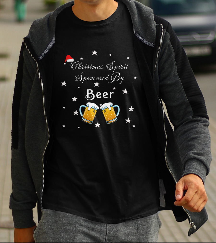 Christmas Spirit Sponsored By Beer With Santa Hat And Star Motif Featuring Beer Mugs T-Shirt