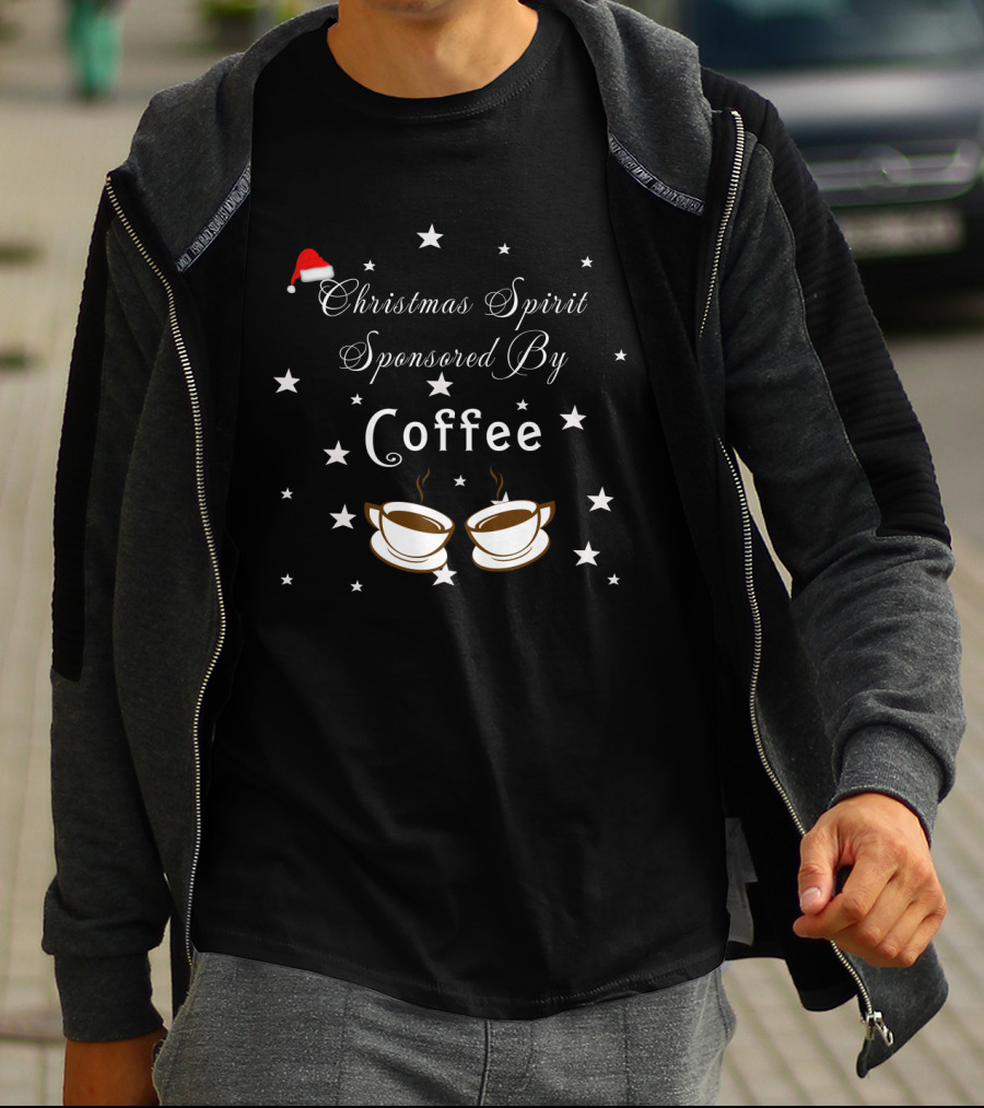 Festive Christmas Spirit Sponsored By Coffee With Santa Hat And Starry Coffee Cup T-Shirt