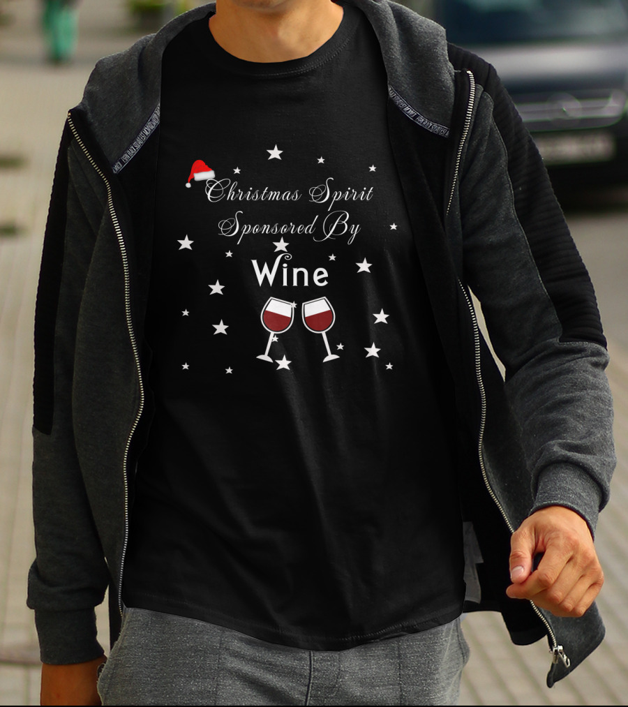 Festive Christmas Spirit Sponsored By Wine With Santa Hat And Stars T-Shirt