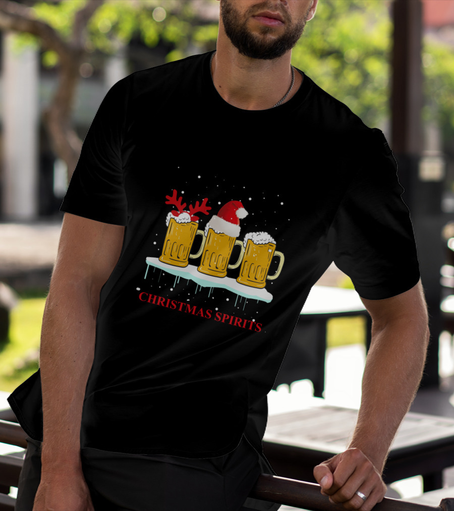 Christmas Spirits Beer Festive Mug Trio With Santa Hat And Reindeer Antlers T-Shirt