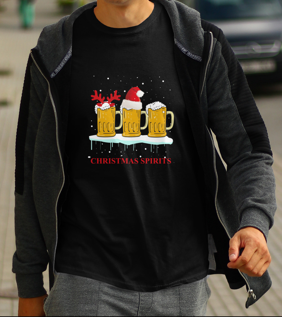 Christmas Spirits Beer Festive Mug Trio With Santa Hat And Reindeer Antlers T-Shirt