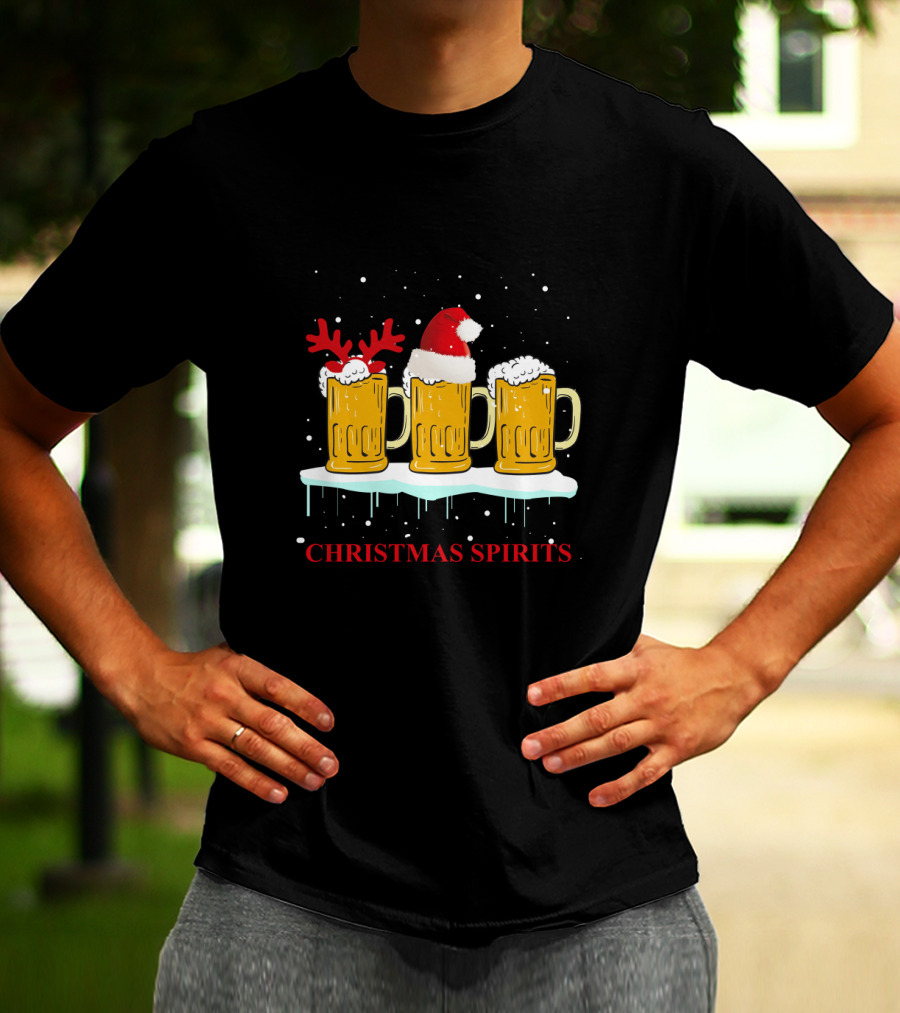 Christmas Spirits Beer Festive Mug Trio With Santa Hat And Reindeer Antlers T-Shirt