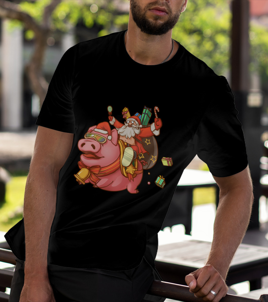 Santa Claus Riding Pig With Candy Canes And Christmas Gifts T-Shirt