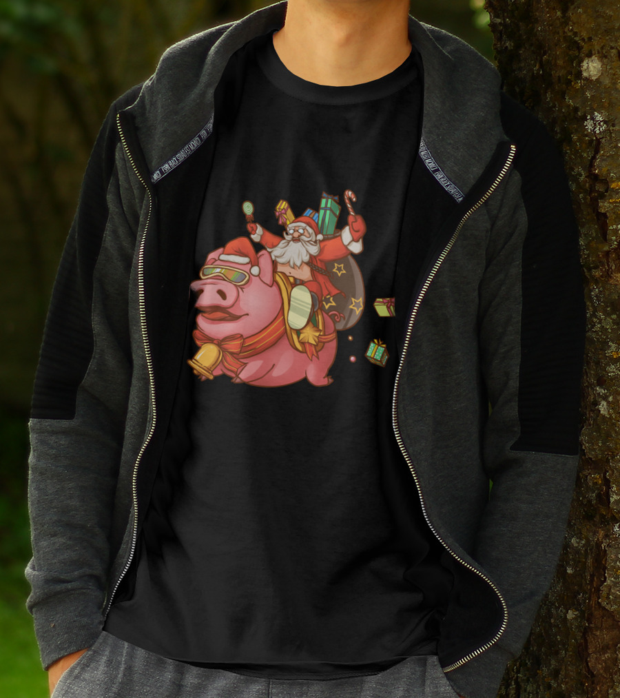 Santa Claus Riding Pig With Candy Canes And Christmas Gifts T-Shirt