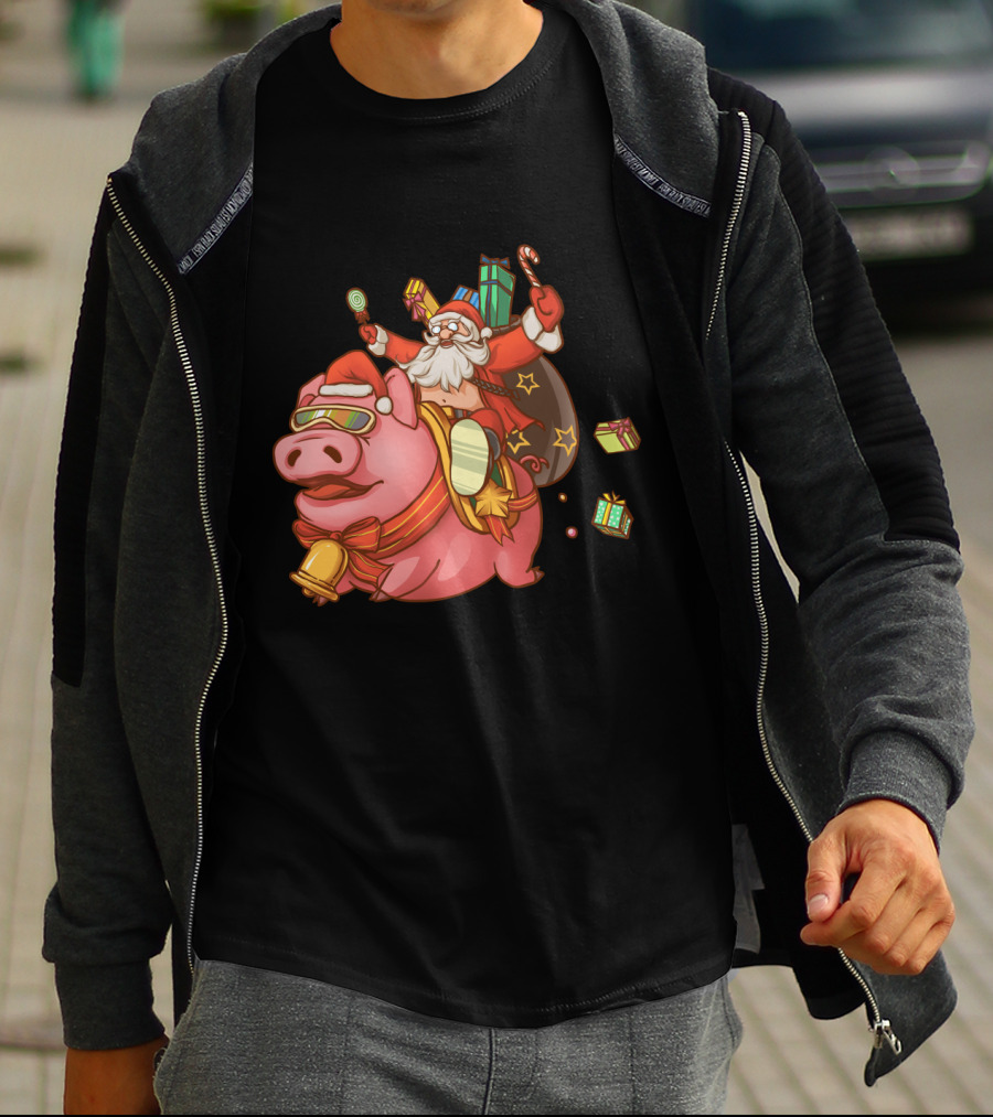 Santa Claus Riding Pig With Candy Canes And Christmas Gifts T-Shirt