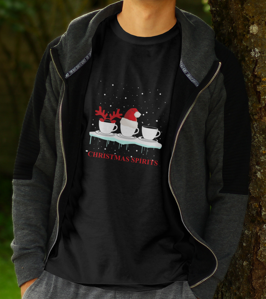 Christmas Spirits Coffee Cups Reindeer Antlers Santa Hat Snowflakes T-Shirt