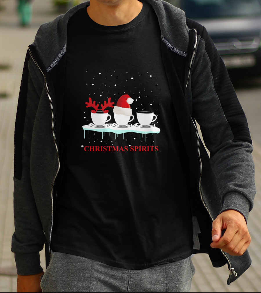 Christmas Spirits Coffee Cups Reindeer Antlers Santa Hat Snowflakes T-Shirt