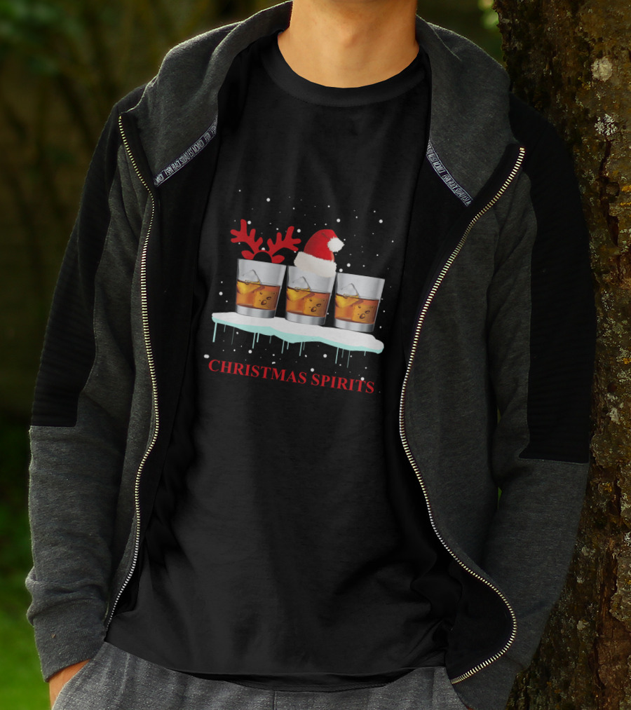 Christmas Spirits Whisky Glasses With Santa Hat And Reindeer Antlers T-Shirt