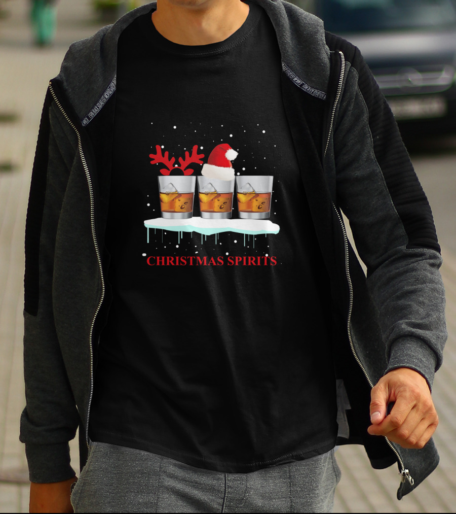 Christmas Spirits Whisky Glasses With Santa Hat And Reindeer Antlers T-Shirt