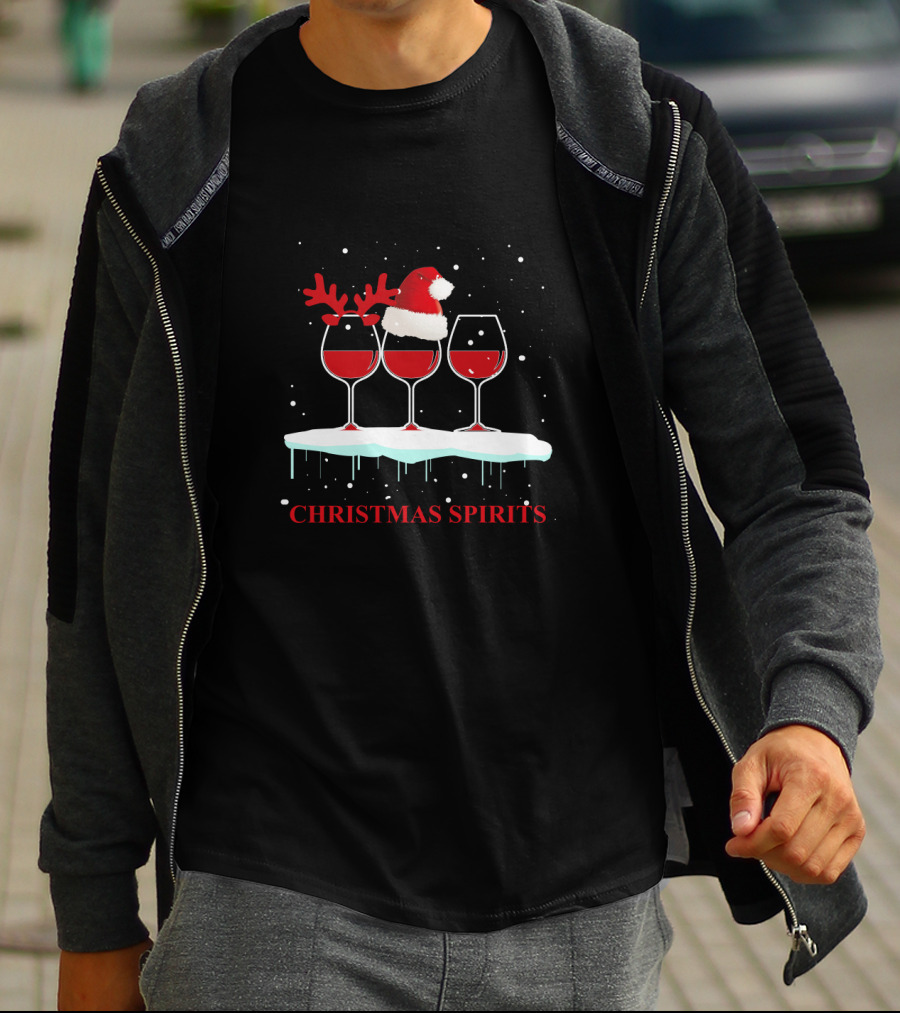 Christmas Spirits Wine Glasses Santa Hat Reindeer Antlers Snowflakes T-Shirt