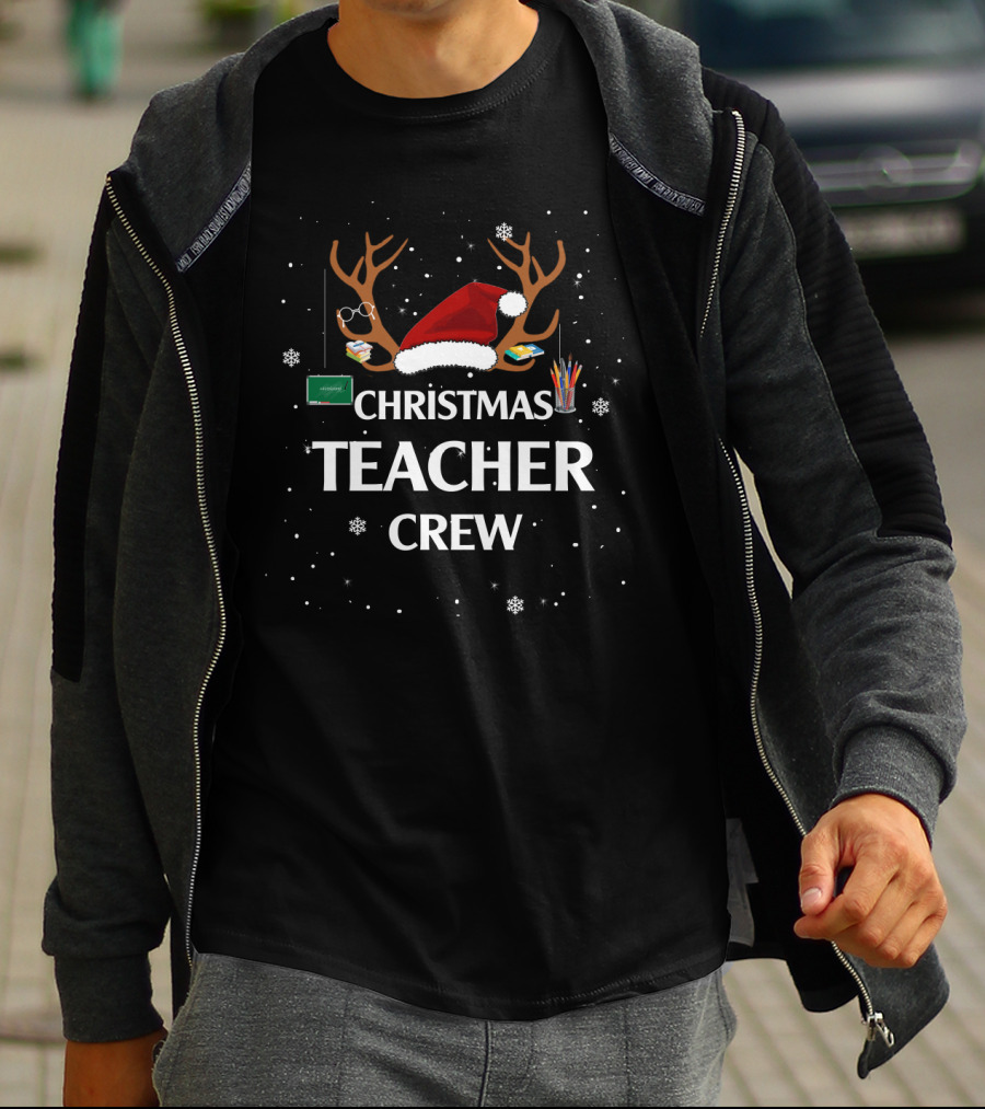 Christmas Teacher Crew Reindeer Antlers Santa Hat Chalkboard Snowflakes T-Shirt