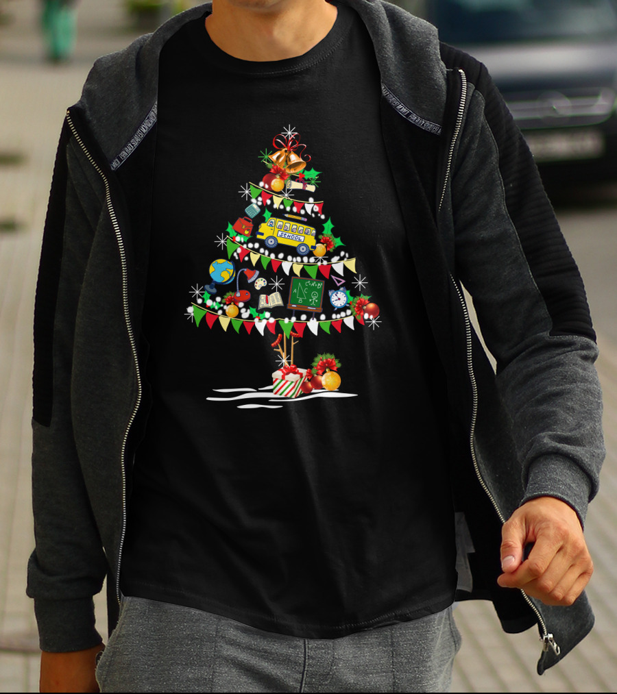 Christmas School Tree With Classroom Icons And Holiday Decorations T-Shirt