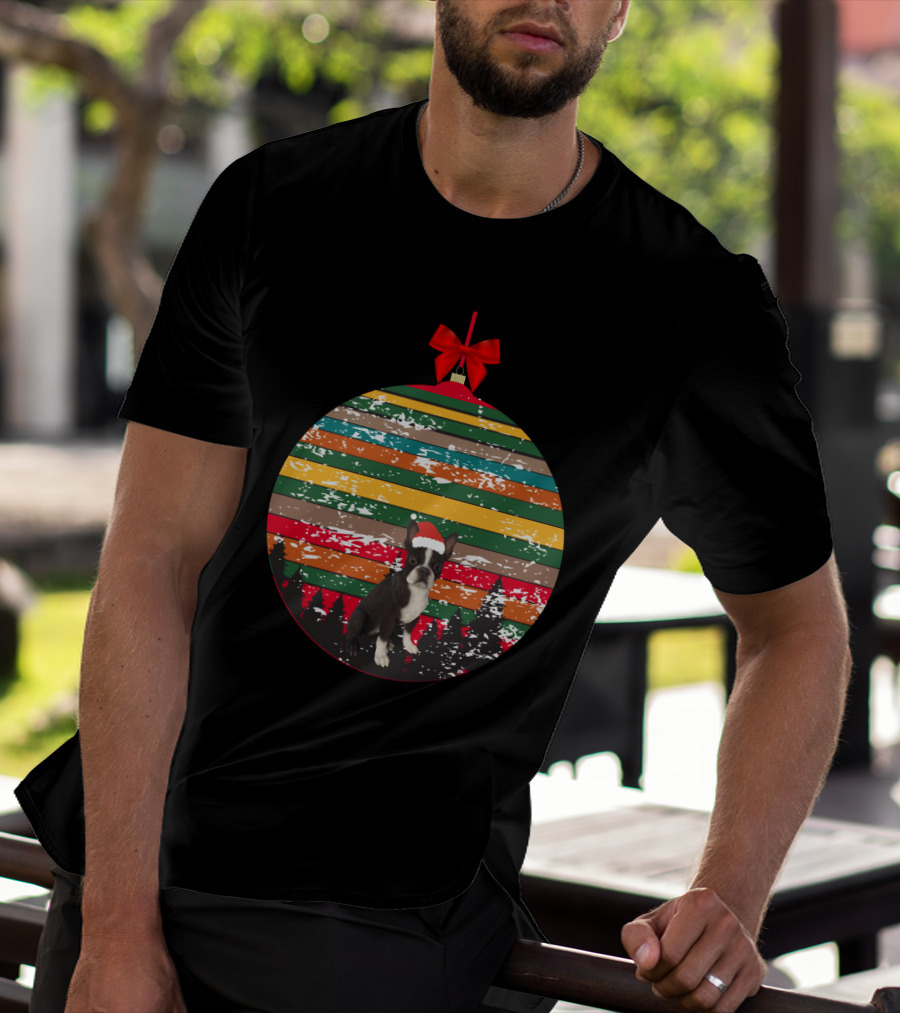Christmas Boston Terrier Santa Hat Vintage Ornament Stripes Forest T-Shirt