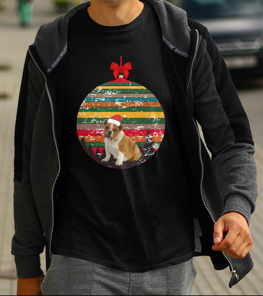 Vintage Christmas Bulldog Ornament Striped Santa Hat Forest Scene T-Shirt