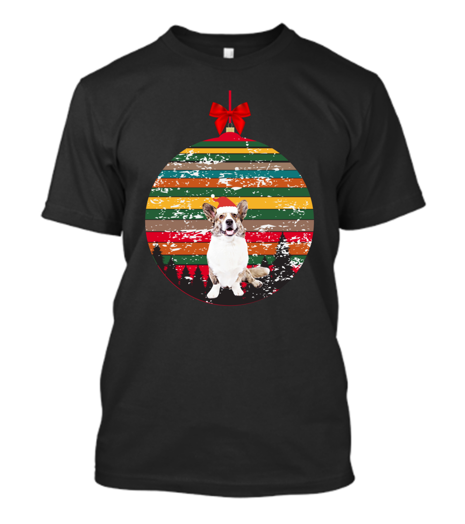 Christmas Corgi Ornament With Vintage Stripes And Festive Red Bow T-Shirt