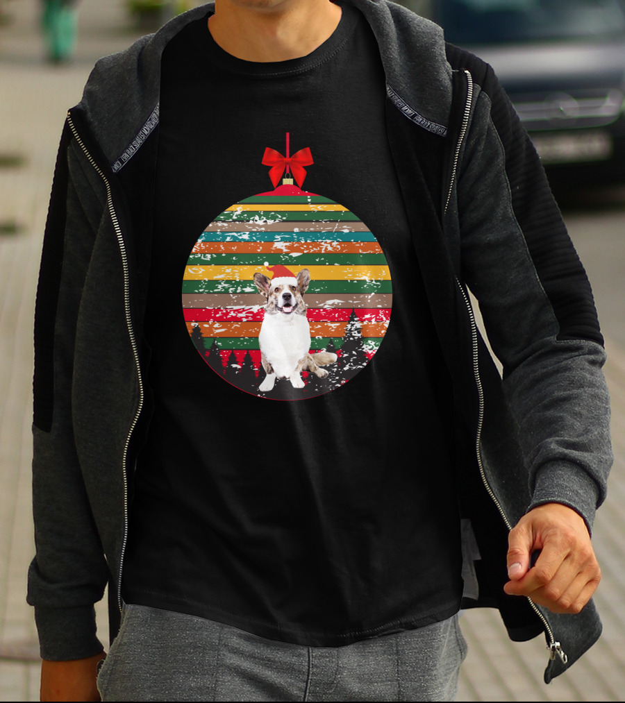 Christmas Corgi Ornament With Vintage Stripes And Festive Red Bow T-Shirt