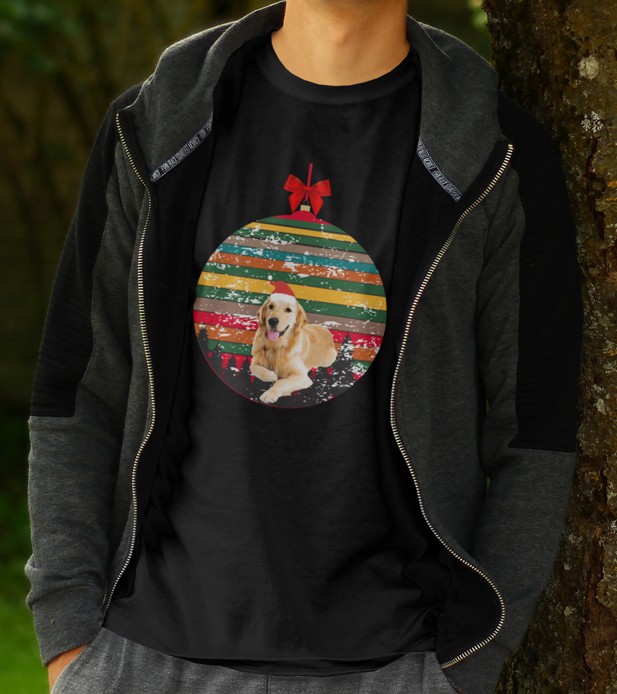 Christmas Vintage Golden Retriever Ornament With Santa Hat And Colorful Stripes T-Shirt