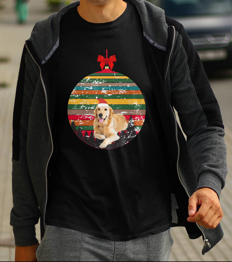 Christmas Vintage Golden Retriever Ornament With Santa Hat And Colorful Stripes T-Shirt