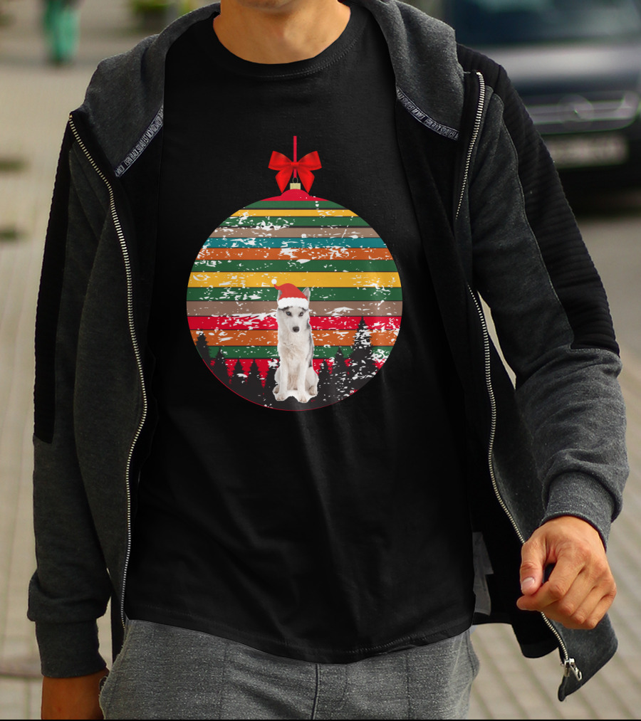 Christmas Husky With Santa Hat And Vintage Ornament Stripes T-Shirt