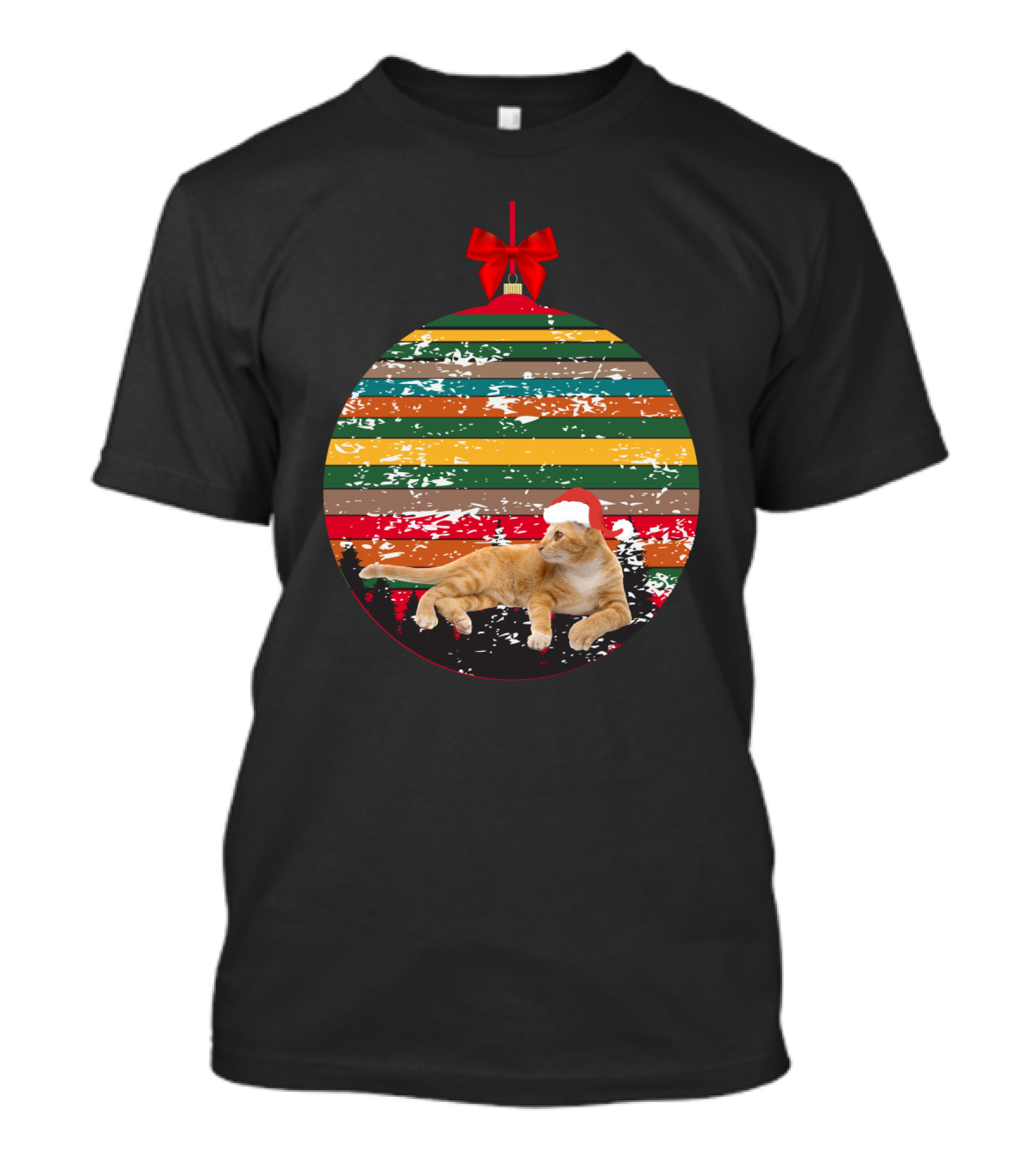 Christmas Vintagetees Cat In Santa Hat On Retro Striped Christmas T-Shirt