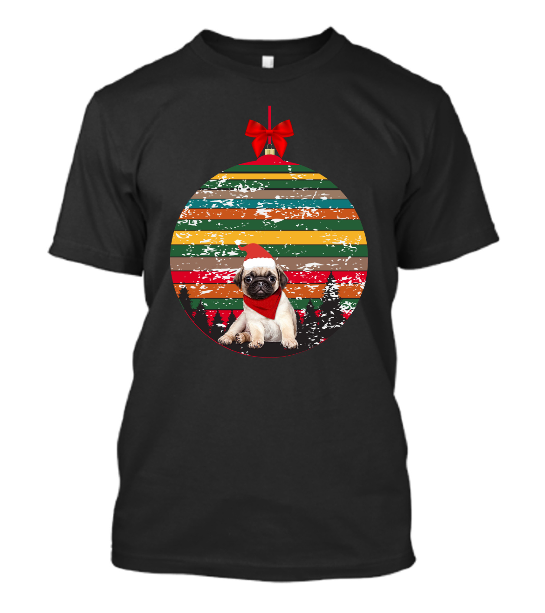 Festive Christmas Ornament With Vintage Pug And Striped Santa Hat And Scarf T-Shirt