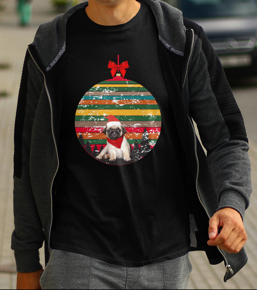 Festive Christmas Ornament With Vintage Pug And Striped Santa Hat And Scarf T-Shirt