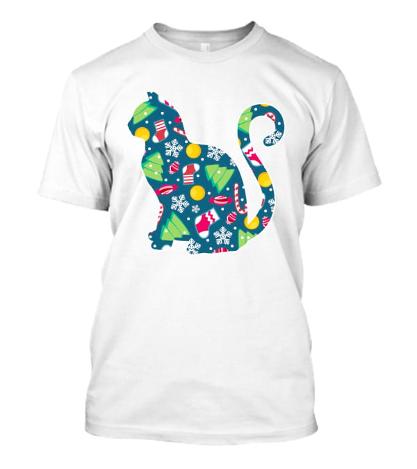 Christmas Cat Silhouette With Festive Trees And Ornaments T-Shirt