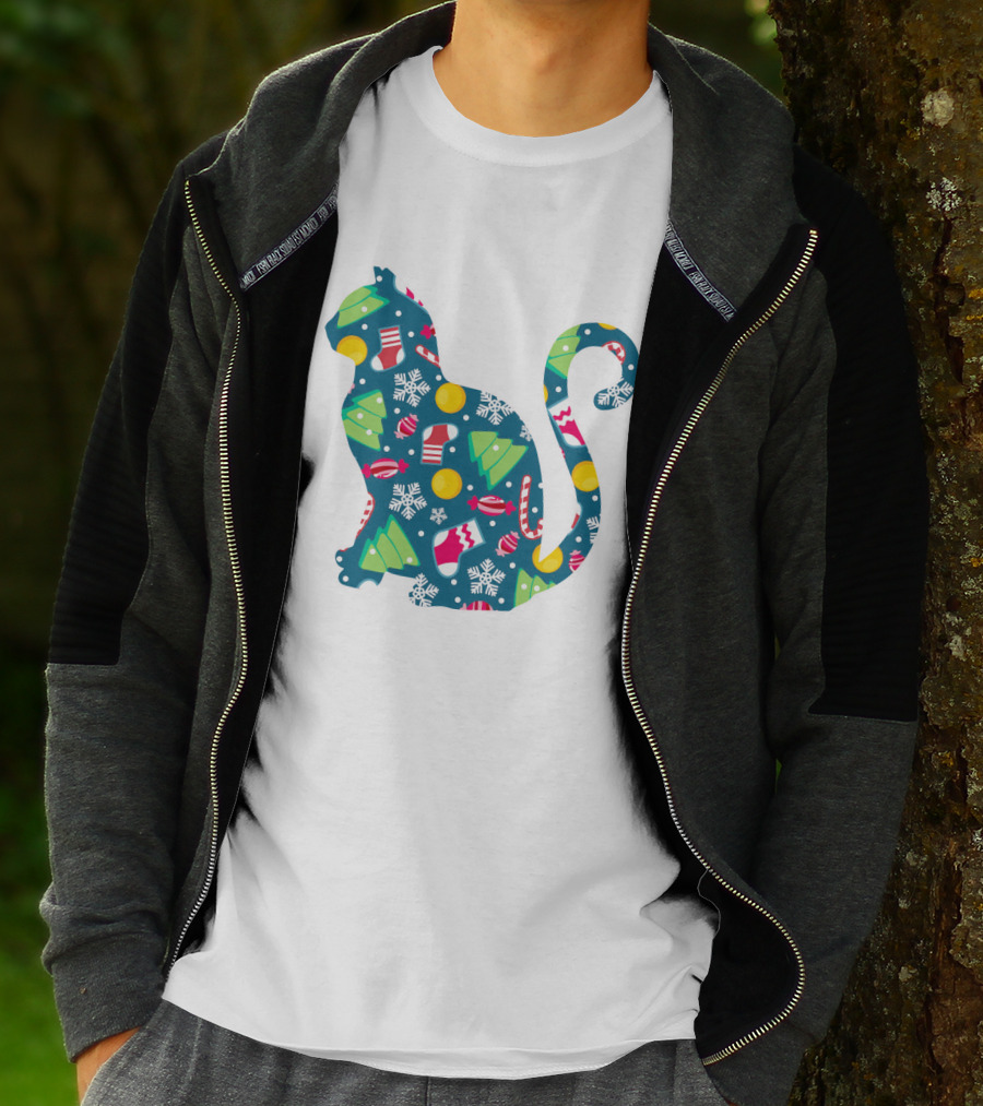 Christmas Cat Silhouette With Festive Trees And Ornaments T-Shirt