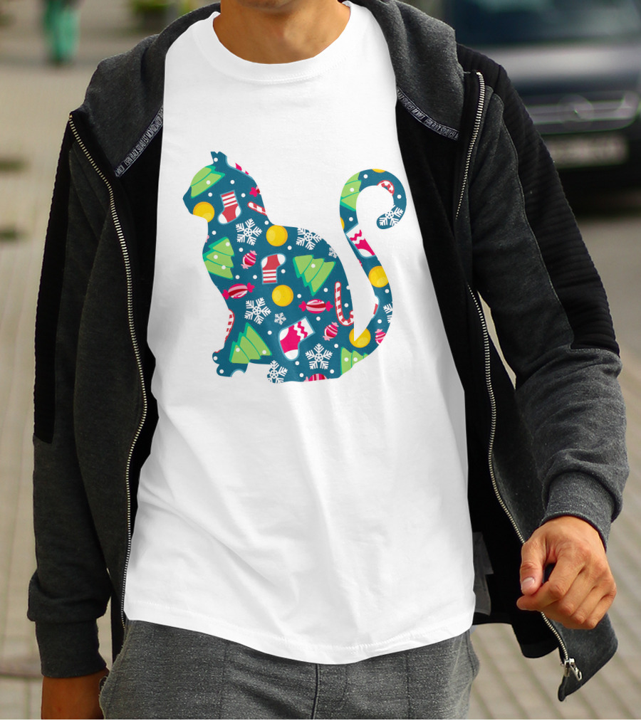 Christmas Cat Silhouette With Festive Trees And Ornaments T-Shirt