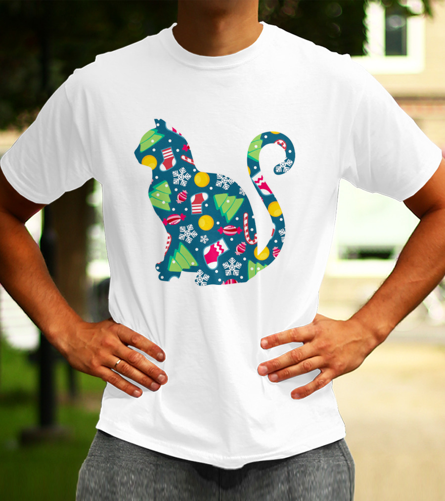 Christmas Cat Silhouette With Festive Trees And Ornaments T-Shirt