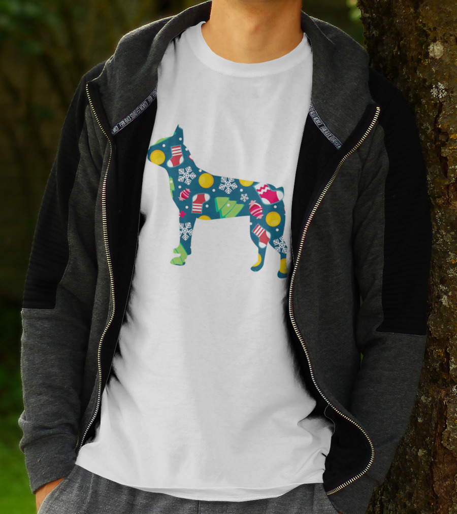 Festive Boston Terrier Dog Lover Christmas Pattern With Snowflakes And Ornaments T-Shirt