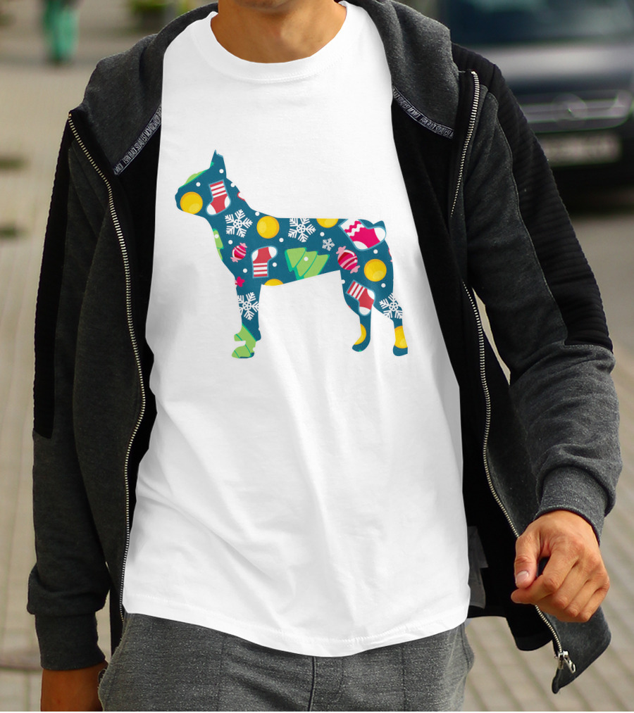 Festive Boston Terrier Dog Lover Christmas Pattern With Snowflakes And Ornaments T-Shirt