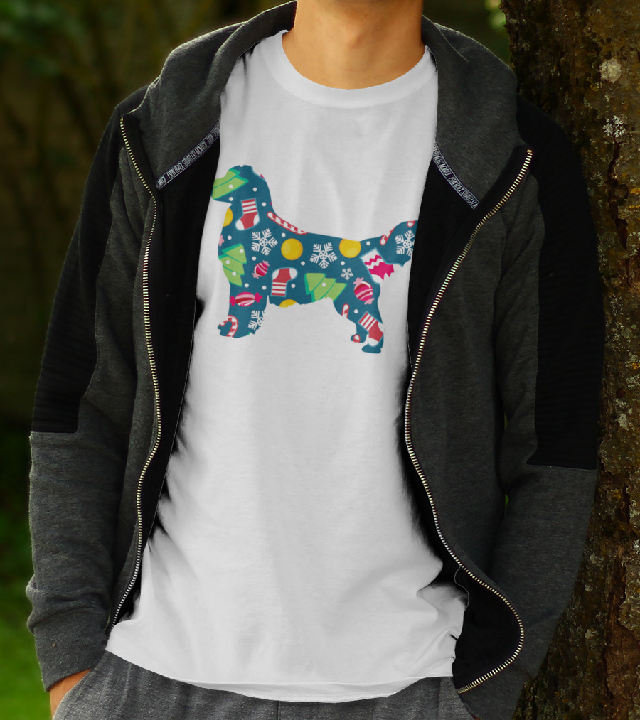 Golden Retriever Christmas Pattern With Snowflakes, Trees, Ornaments, And Stockings For Dog Lovers T-Shirt