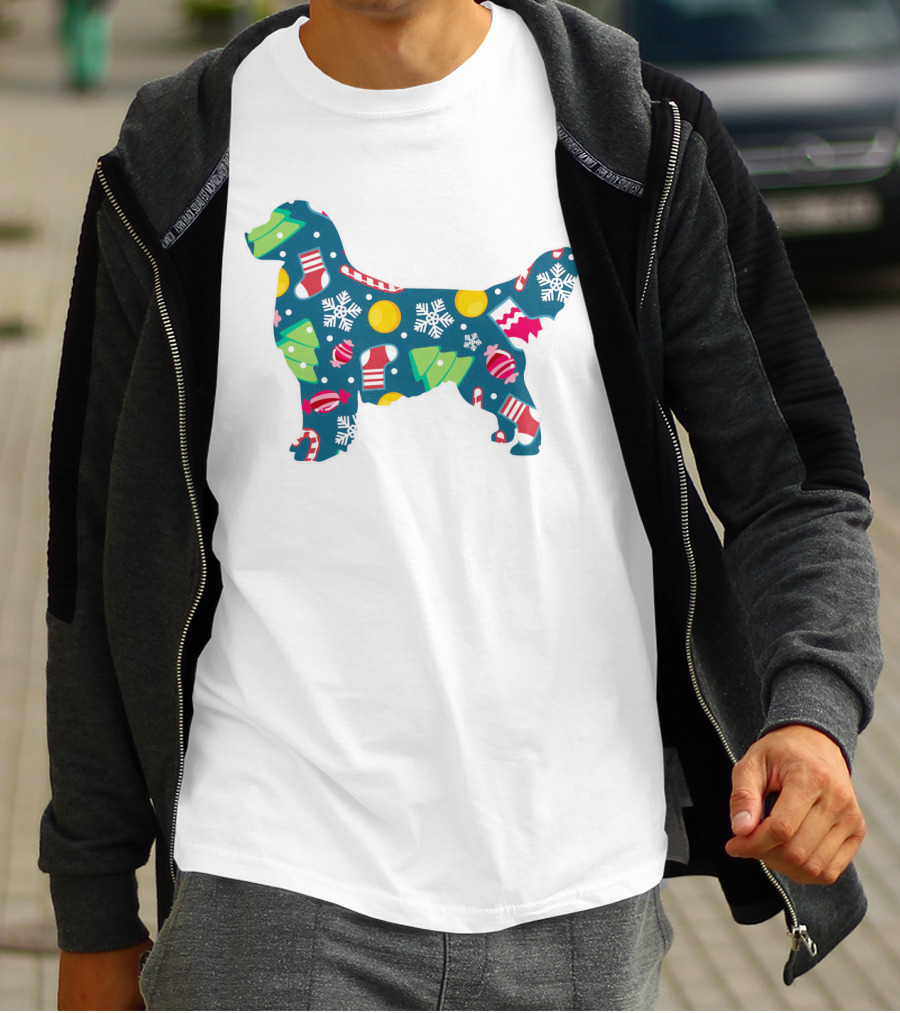 Golden Retriever Christmas Pattern With Snowflakes, Trees, Ornaments, And Stockings For Dog Lovers T-Shirt
